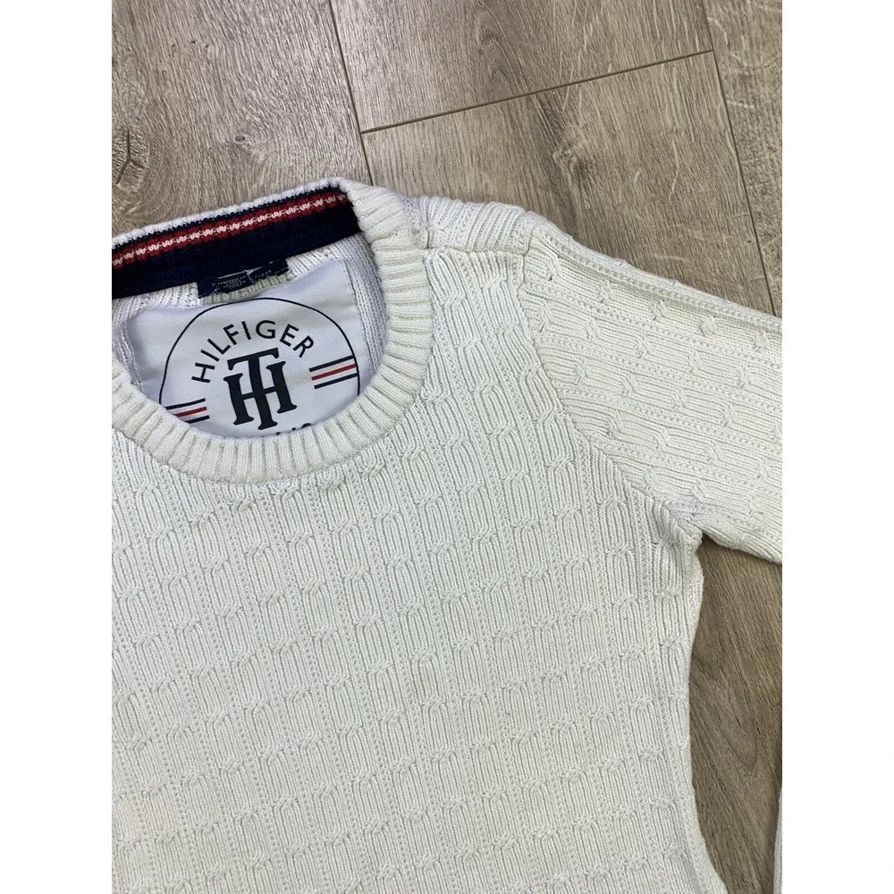 Tommy Hilfiger Sweater Womens Med White Cable Knit Cotton Classic Preppy‎ Tennis
